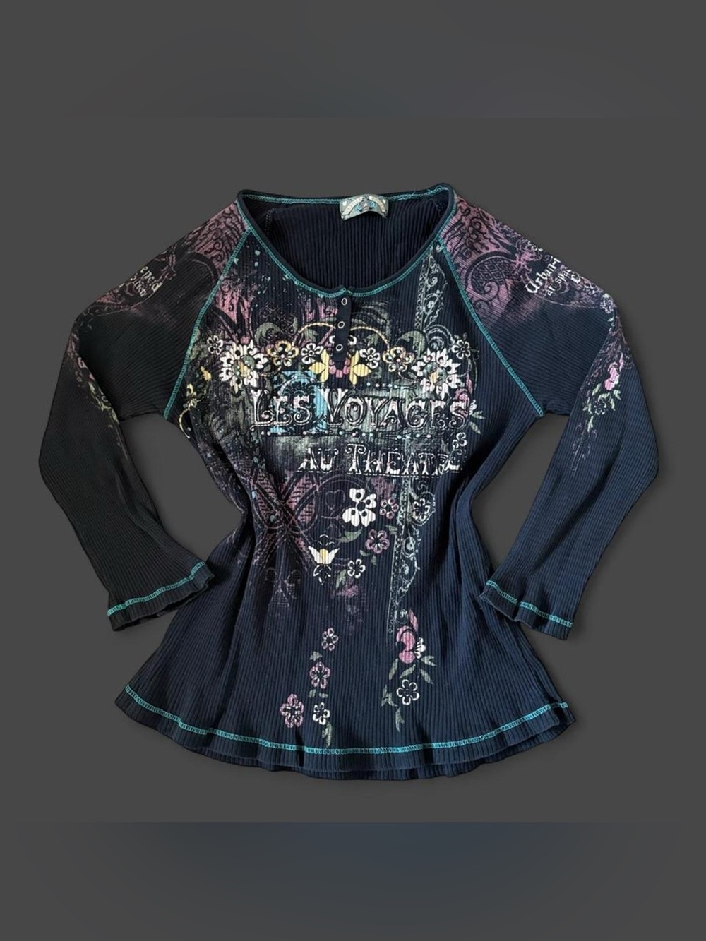 Vanilla Sugar Y2K black long sleeve top with graphic sleeves and floralSize: L